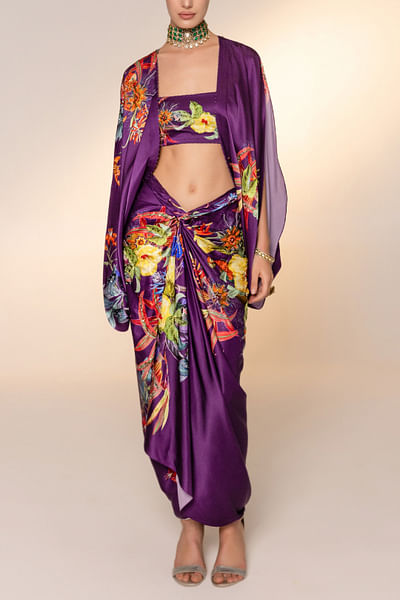 Purple floral printed cape and skirt set