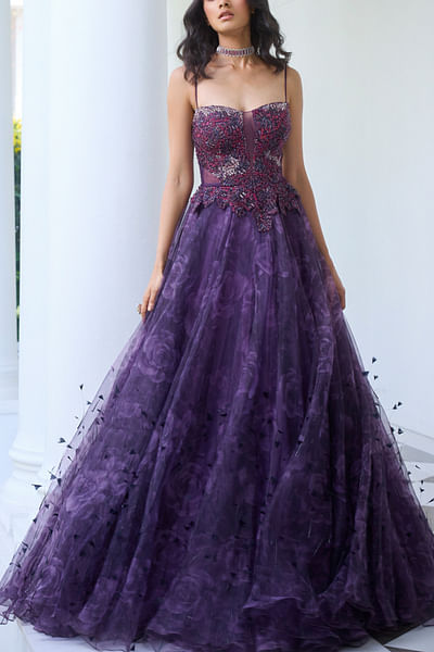 Purple floral printed embroidered gown