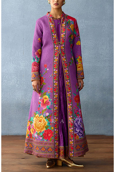 Purple floral printed jacket and dress