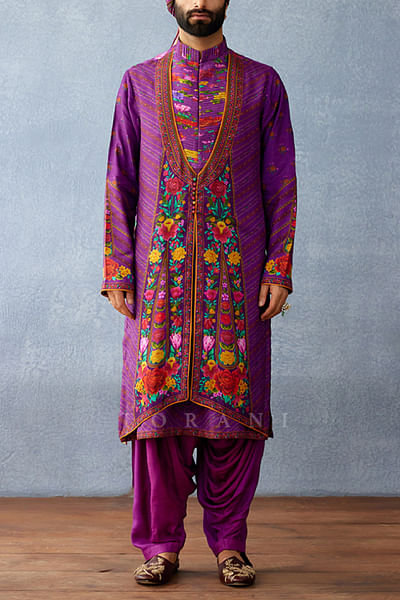 Purple floral printed jacket kurta set