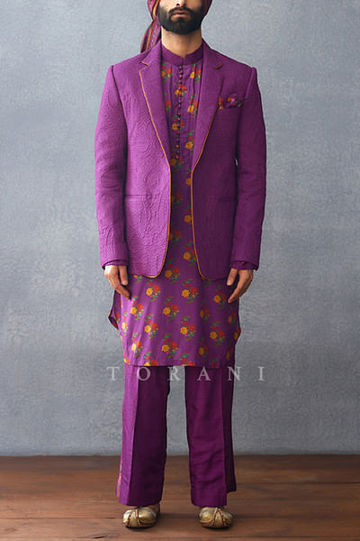 Purple floral printed kurta and jacket set