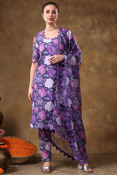 Purple floral printed kurta set