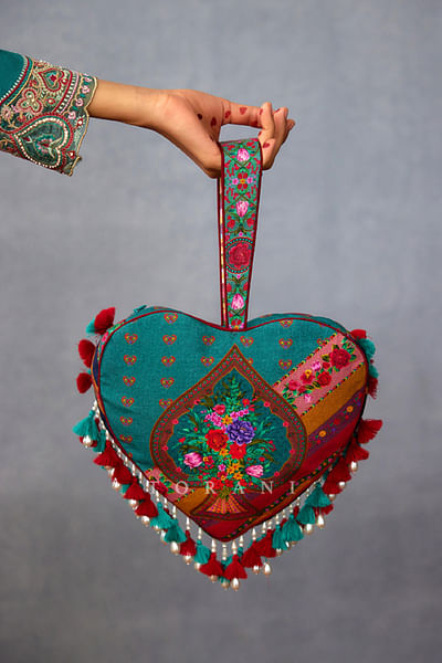 Aqua floral printed tasselled heart bag