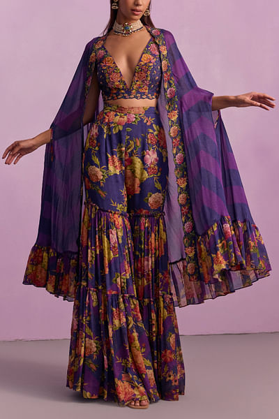 Purple floral printed tiered gharara cape set