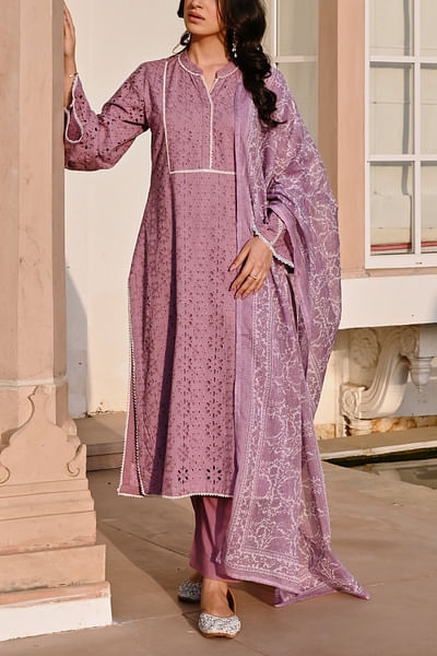 Purple floral schiffli kurta set