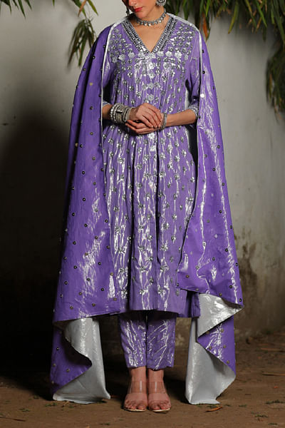 Purple floral sequin embroidered kurta set