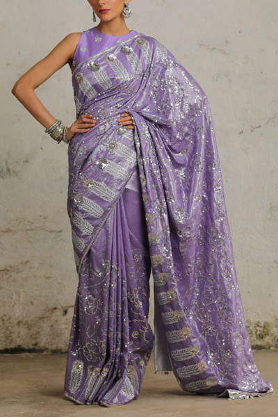 Purple floral sequin embroidered sari set