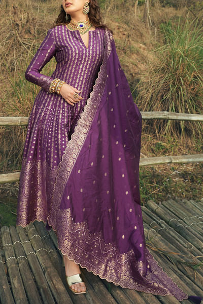 Purple floral woven anarkali set