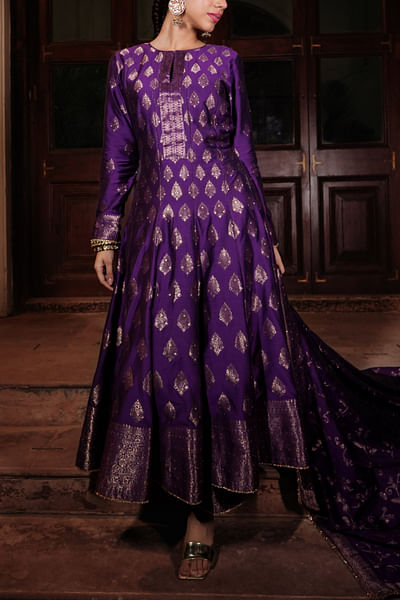 Purple floral woven anarkali set
