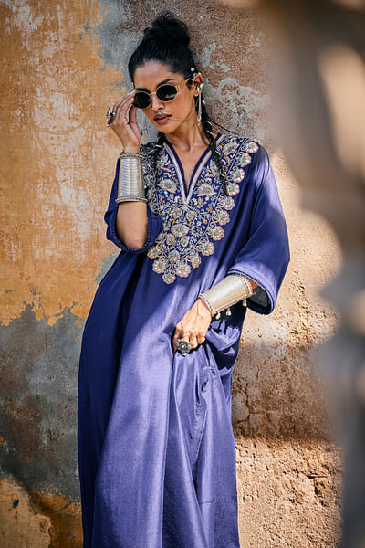 Purple floral zardozi embroidered kaftan