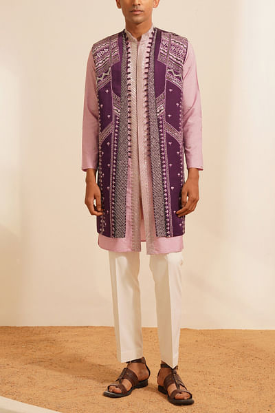 Purple geometric embroidered shrug kurta set