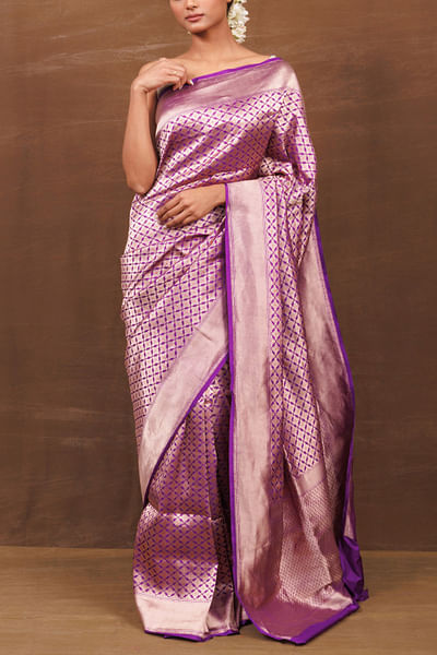Purple geometric handwoven banarasi silk sari
