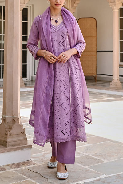 Purple geometric schiffli kurta set