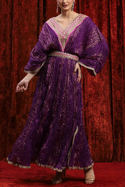 Purple gota work crinkled kaftan dress