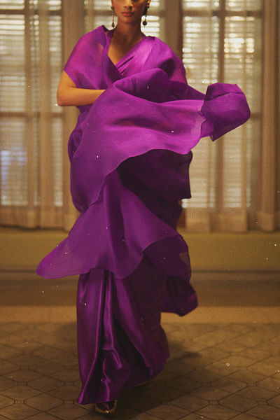 Purple handwoven satin sari set