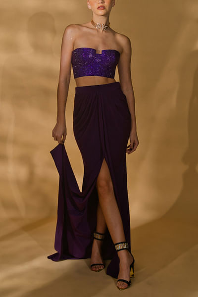 Purple high-waist draped skirt set
