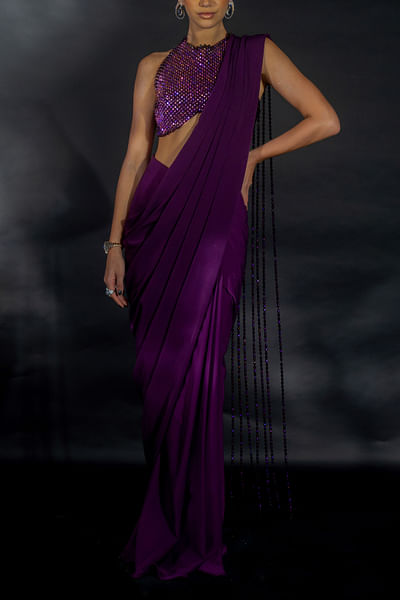Purple holographic beaded pre-draped sari set