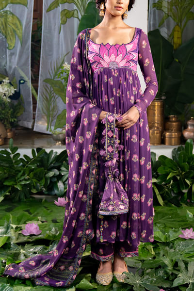 Purple lotus printed anarkali set
