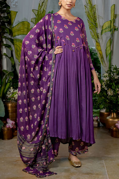 Purple lotus printed kurta set