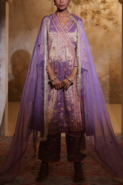 Purple mirror embroidered angrakha set