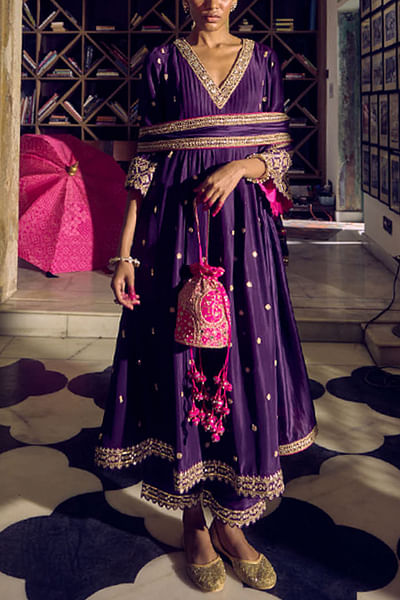 Purple mirror embroidered choga kurta set