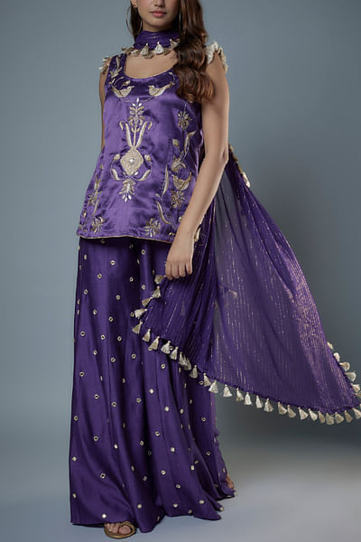 Purple mirror embroidered sharara set