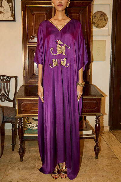 Purple monkey sequin embroidered kaftan