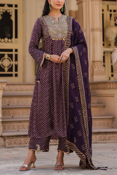 Purple motif printed embroidered kurta set