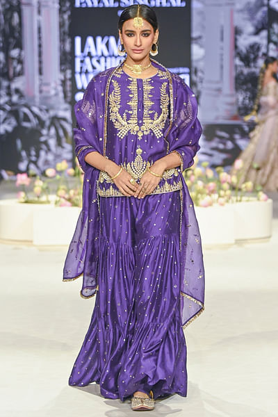 Purple mukaish tiered sharara set