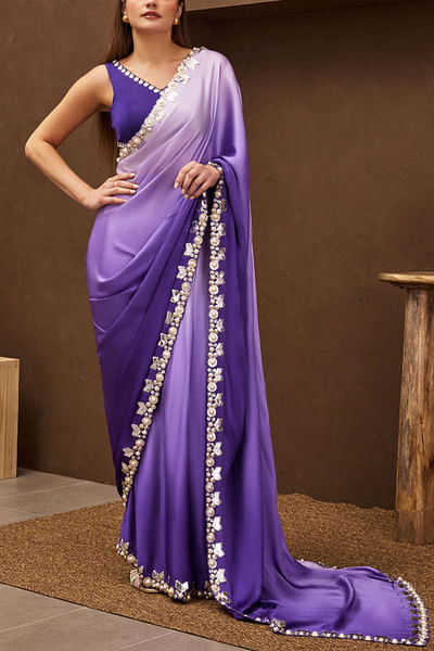 Purple ombre 3D detail pre-stitched sari set