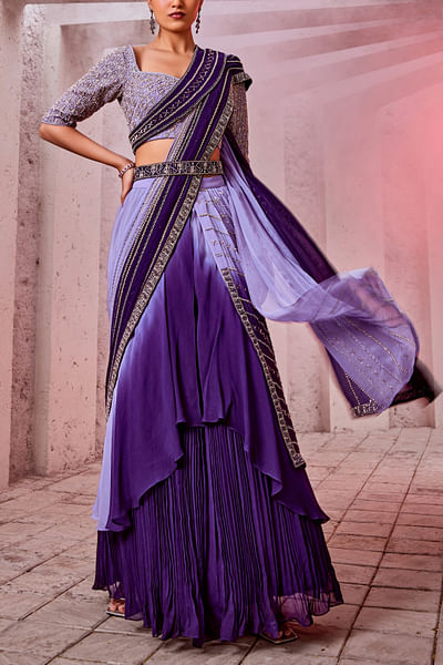 Purple ombre embroidered lehenga sari set