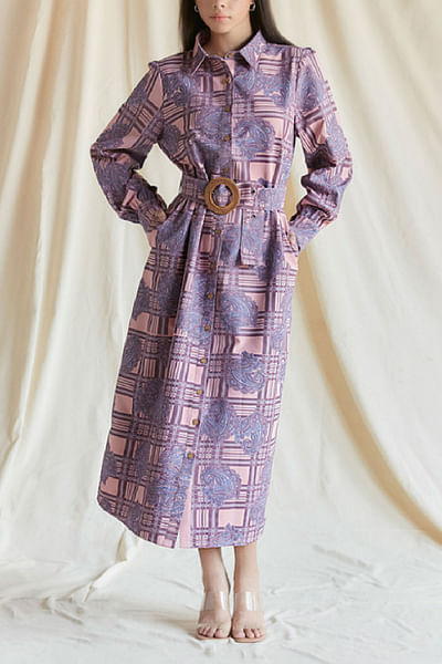 Purple paisley and check printed shirt dress