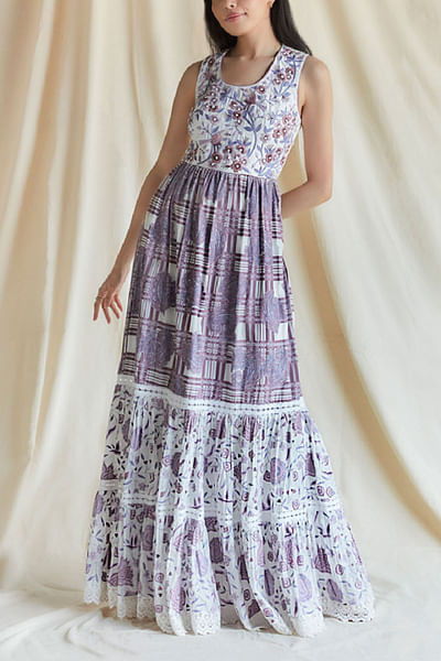 Purple paisley and check printed tiered maxi