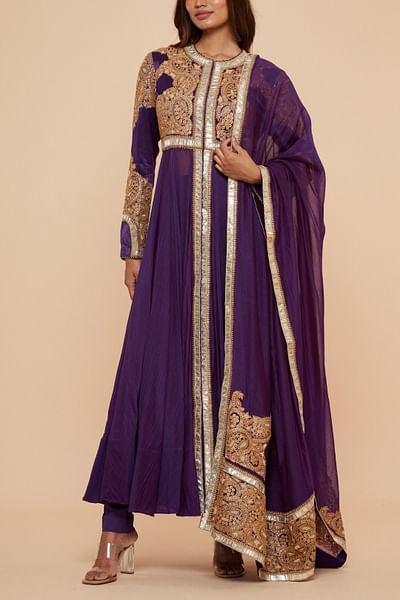 Purple paisley embroidered anarkali set