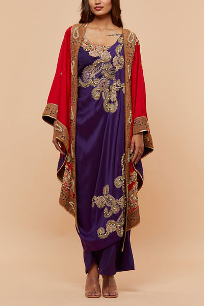 Purple paisley embroidered cape and skirt set