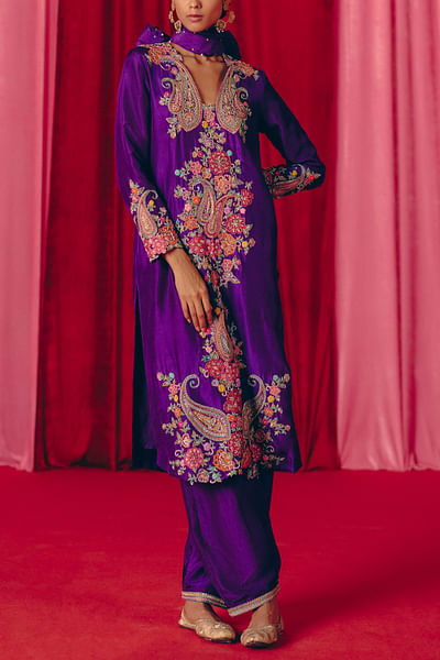 Purple paisley embroidered kurta set