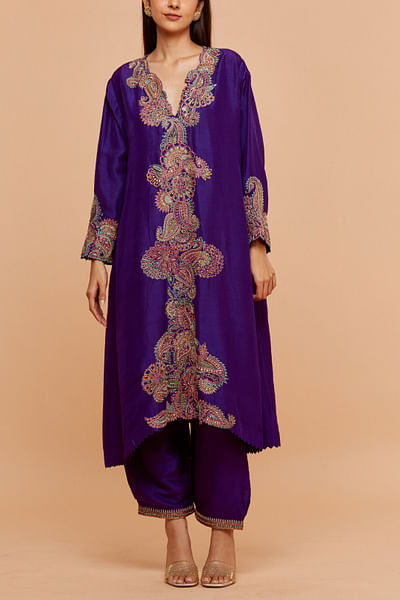 Purple paisley embroidered kurta set