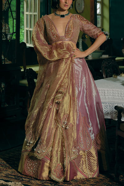 Purple paisley embroidered tissue lehenga set