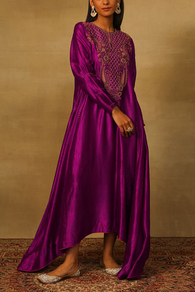 Purple paisley embroidery asymmetric dress