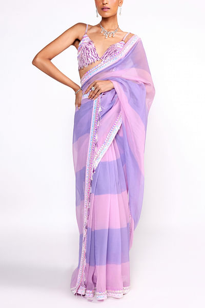Purple panel printed sari set