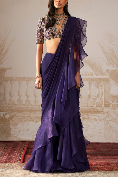Purple pre-draped ruffle sari set