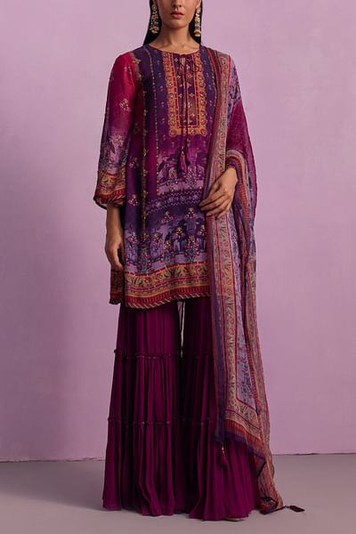 Purple printed kurta and tiered gharara set