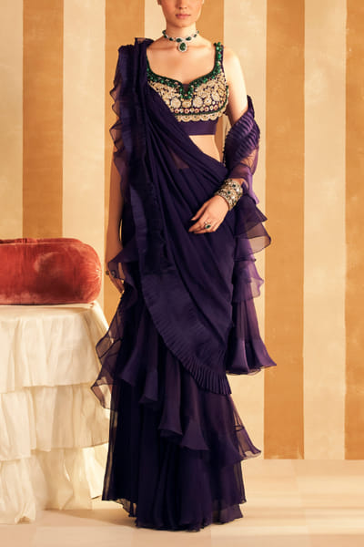 Ridhi Mehra Purple ruffled pre-draped sari set RMFJUL2416