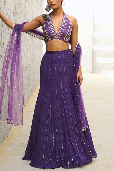 Purple sequin embroidered mermaid lehenga set