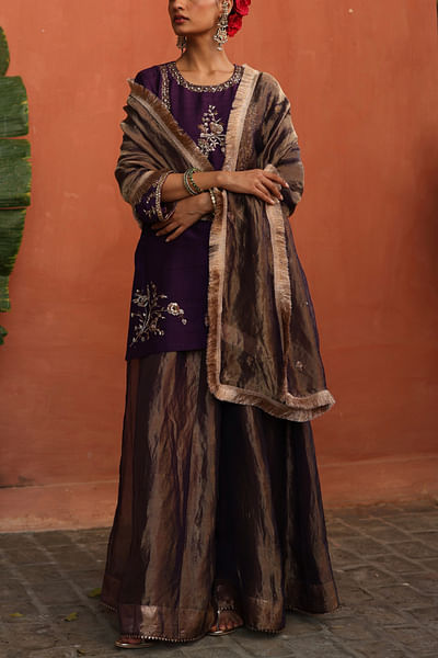Purple silk embroidered sharara set