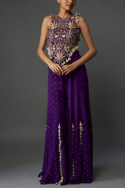 Purple tasselled mukaish sharara set