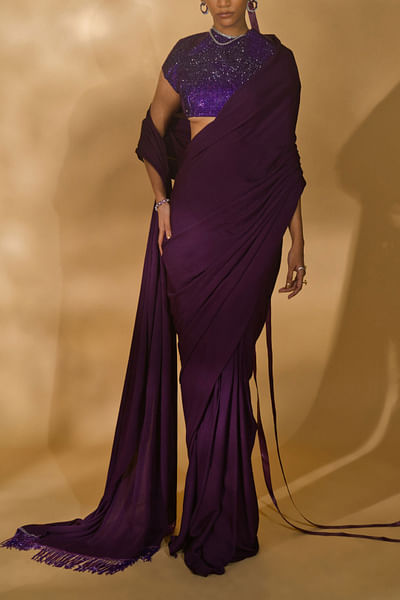 Purple tasselled pre-stitched sari set