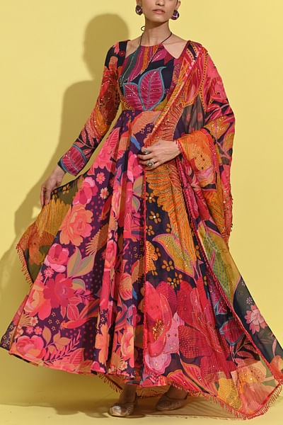 Purple tropical print anarkali set