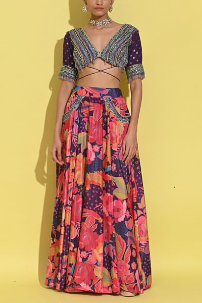 Purple tropical print crepe lehenga set