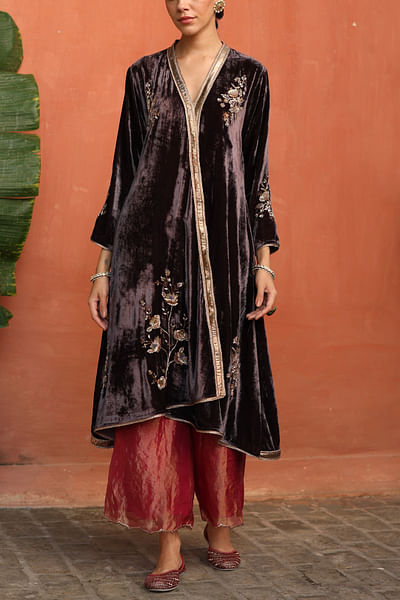 Purple velvet embroidered kurta set